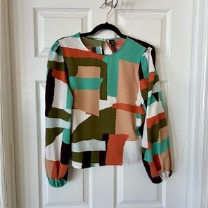 SHEIN Multicolor Clasi Patchwork Latern Bishop Sleeve Abstract Blouse XL